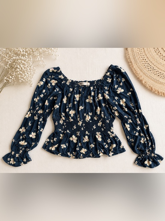 SO Tops - SO Navy Floral Smocked Peplum Long Sleeve Blouse